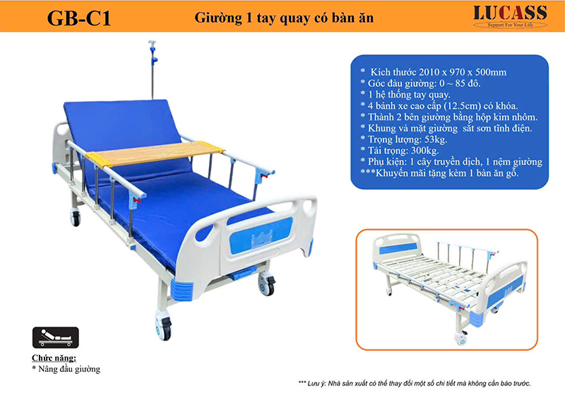 G&shy;iường Bệnh Nh&acirc;n 1 Tay Quay Lucass GB-1A